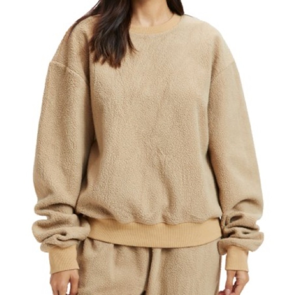 NWT Good American Pecan Polar Fleece Boyfriend Pullover Sweatshirt sz 2